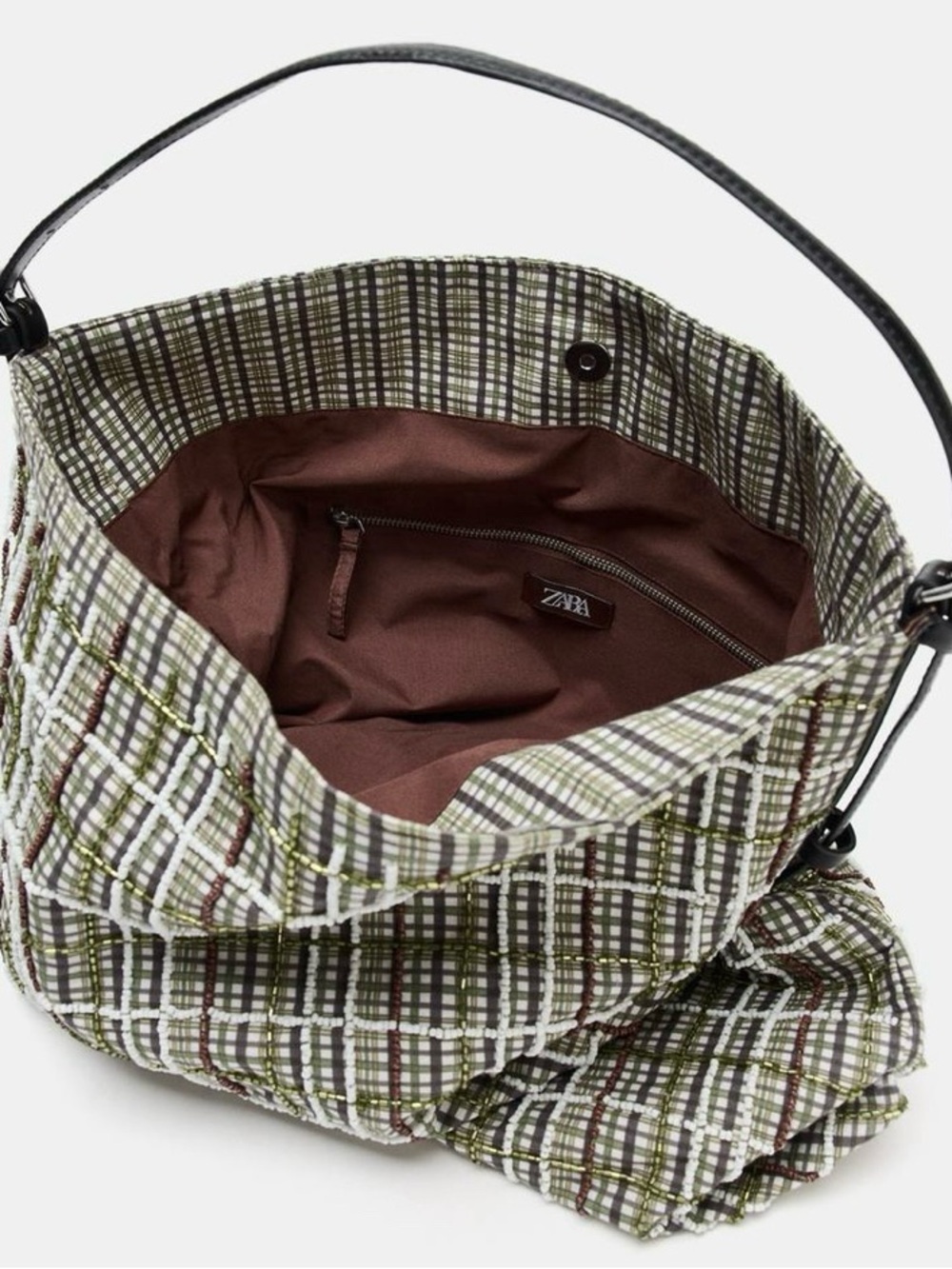 ZARA Olive Shimmer Appliqué Plaid/Shimmer Details Shopper Bag with Strap - NEW - Picture 2 of 6